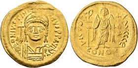 Justinian I, 527-565. Solidus (Gold, 20 mm, 4.41 g, 7 h), Constantinopolis, 545-565. D N IVSTINIANVS P P AVI Helmeted and cuirassed bust of Justinian ...