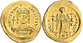 Justinian I, 527-565. Solidus (Gold, 22 mm, 4.41 g, 7 h), Constantinopolis, 545-565. D N IVSTINIANVS P P AVI Helmeted and cuirassed bust of Justinian ...