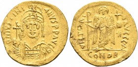 Justinian I, 527-565. Solidus (Gold, 20 mm, 4.46 g, 7 h), Constantinopolis, 545-565. D N IVSTINIANVS P P AVI Helmeted and cuirassed bust of Justinian ...