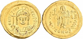 Justinian I, 527-565. Solidus (Gold, 20 mm, 4.51 g, 6 h), Constantinopolis, 545-565. D N IVSTINIANVS P P AVI Helmeted and cuirassed bust of Justinian ...