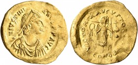 Justinian I, 527-565. Tremissis (Gold, 16 mm, 1.47 g, 6 h), Constantinopolis. D N IVSTINIANVS P P AVI Diademed, draped and cuirassed bust of Justinian...