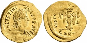 Justinian I, 527-565. Tremissis (Gold, 16 mm, 1.48 g, 7 h), Constantinopolis. D N IVSTINIANVS P P AVI Diademed, draped and cuirassed bust of Justinian...