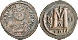 Justinian I, 527-565. Follis (Bronze, 41 mm, 24.22 g, 6 h), Constantinopolis, RY 12 = 538/9. D N IVSTINIANVS P P AVI Helmeted and cuirassed bust of Ju...