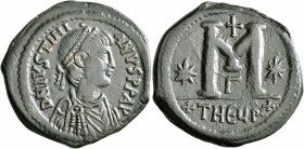Justinian I, 527-565. Follis (Bronze, 33 mm, 14.71 g, 7 h), Theoupolis (Antiochia), 533-537. D N IVSTINIANVS P P AVG Diademed, draped, and cuirassed b...