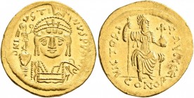 Justin II, 565-578. Solidus (Gold, 21 mm, 4.52 g, 6 h), Constantinopolis, 566/7-578. D N IVSTINVS P P AVI Helmeted and cuirassed bust of Justin II fac...