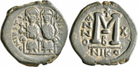 Justin II, with Sophia, 565-578. Follis (Bronze, 29 mm, 12.30 g, 7 h), Nicomedia, RY 10 = 574/5. D N IVSTINVS P P AVG Justin II, holding globus crucig...