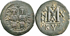 Justin II, with Sophia, 565-578. Follis (Bronze, 31 mm, 13.56 g, 6 h), Cyzicus, RY 10 = 574/5. D N IVSTINVS P P AVG Justin II, holding globus cruciger...