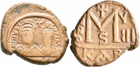 Justin II, with Sophia, 565-578. Follis (Bronze, 29 mm, 21.00 g, 12 h), Carthage, RY 8 = 572/3. DN IVSTINO ET SOFIA / [VITA] Facing busts of Justin II...
