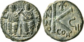 Justin II, 565-578. Half Follis (Bronze, 17 mm, 5.56 g, 6 h), uncertain military mint (Constantine in Numidia?), RY 5 = 571/52. D N IVSTINVS P P AVG J...