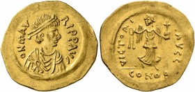 Maurice Tiberius, 582-602. Semissis (Gold, 19 mm, 2.21 g, 7 h), Constantinopolis. ο N mAVRI P P AVI Pearl-diademed, draped and cuirassed bust of Mauri...