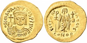 Maurice Tiberius, 582-602. Solidus (Gold, 21 mm, 4.47 g, 7 h), Constantinopolis, 583-601. O N mAVRC TIb P P AVI Draped and cuirassed bust of Maurice T...