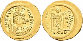 Maurice Tiberius, 582-602. Light weight Solidus of 23 Siliquae (Gold, 21 mm, 4.23 g, 6 h), Constantinopolis, 583-601. O N mAVRC TIb P P AVI Draped and...
