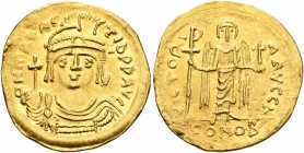 Maurice Tiberius, 582-602. Solidus (Gold, 21 mm, 4.46 g, 6 h), Constantinopolis, 583-601. O N mAVRC TIb P P AVI Draped and cuirassed bust of Maurice T...