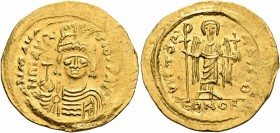 Maurice Tiberius, 582-602. Solidus (Gold, 22 mm, 4.45 g, 7 h), Constantinopolis, 583-601. O N mAVRC TIb P P AVI Draped and cuirassed bust of Maurice T...