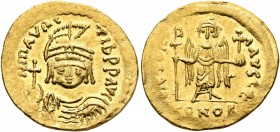 Maurice Tiberius, 582-602. Solidus (Gold, 21 mm, 4.50 g, 6 h), Constantinopolis, 583-601. D N mAVRC TIb P P AVI Draped and cuirassed bust of Maurice T...