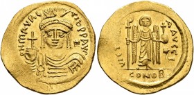 Maurice Tiberius, 582-602. Light weight Solidus of 23 Siliquae (Gold, 22 mm, 4.31 g, 7 h), Constantinopolis. O N mAVRC TIb P P AVI Draped and cuirasse...