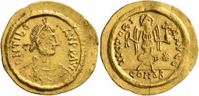Maurice Tiberius, 582-602. Semissis (Gold, 19 mm, 2.18 g, 7 h), Constantinopolis or Thessalonica. D N TibЄ [...]AV P P AVI Diademed, draped and cuiras...
