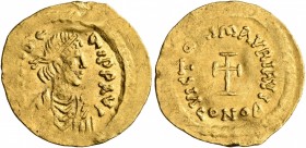 Maurice Tiberius, 582-602. Tremissis (Gold, 17 mm, 1.46 g, 6 h), Constantinopolis. D N TIbЄRI P P AVG Pearl-diademed, draped and cuirassed bust of Mau...