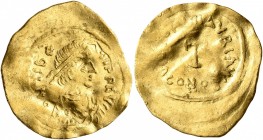 Maurice Tiberius, 582-602. Tremissis (Gold, 17 mm, 1.47 g, 7 h), Constantinopolis. O N TIbЄR MAV P P AVG Pearl-diademed, draped and cuirassed bust of ...
