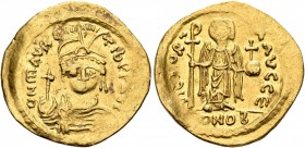 Maurice Tiberius, 582-602. Solidus (Gold, 22 mm, 4.38 g, 6 h), Theoupolis (Antiochia), 583-601. O N mAVRC TIb P P AVG Draped and cuirassed bust of Mau...