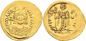 Maurice Tiberius, 582-602. Solidus (Gold, 21 mm, 4.44 g, 6 h), Theoupolis (Antiochia), 583-601. O N mAVR' TIb P P AVG Draped and cuirassed bust of Mau...