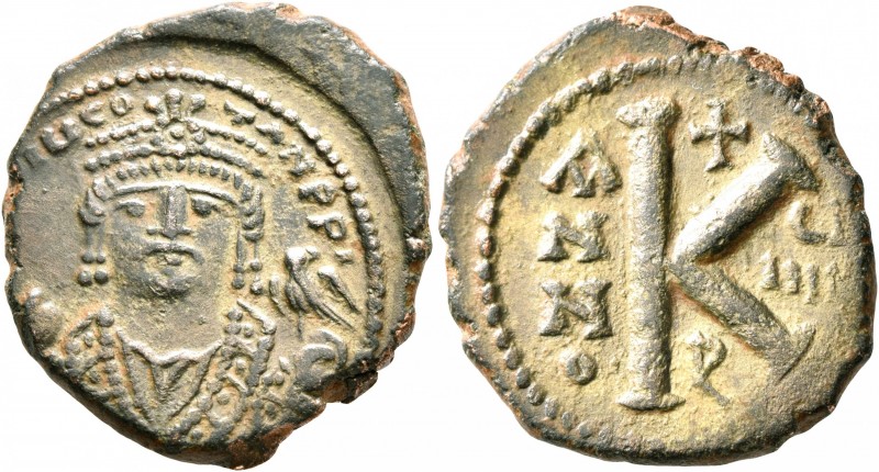 Maurice Tiberius, 582-602. Half Follis (Bronze, 23 mm, 6.28 g, 6 h), Theoupolis ...