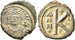 Maurice Tiberius, 582-602. Half Follis (Bronze, 23 mm, 6.28 g, 6 h), Theoupolis (Antiochia), RY 9 = 590/1. [D m T]IЧ COTAN P P' Crowned facing bust of...