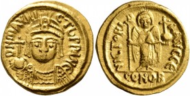 Maurice Tiberius, 582-602. Solidus (Gold, 17 mm, 4.46 g, 7 h), Carthage, IY Є = 601/2. D N MAVRIC Tb P P A N Є Draped and cuirassed bust of Maurice Ti...