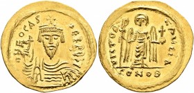 Phocas, 602-610. Solidus (Gold, 23 mm, 4.43 g, 7 h), Constantinopolis, 603-607. o N FOCAS PЄRP AVG Draped and cuirassed bust of Phocas facing, wearing...