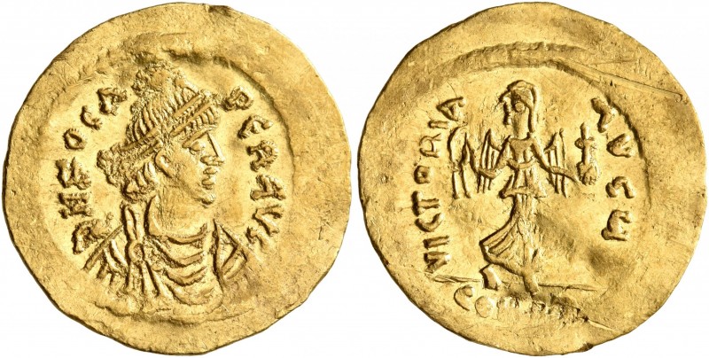 Phocas, 602-610. Semissis (Gold, 19 mm, 2.25 g, 7 h), Constantinopolis, circa 60...