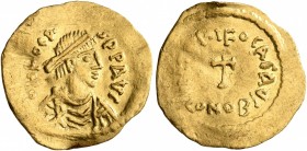 Phocas, 602-610. Tremissis (Gold, 16 mm, 1.47 g, 6 h), Constantinopolis. δ N FOCAS P P AVG Pearl-diademed, draped and cuirassed bust of Phocas to righ...