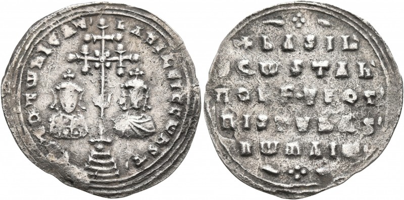 Basil II Bulgaroktonos, with Constantine VIII, 976-1025. Miliaresion (Silver, 24...