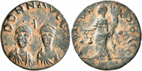 Arcadius, with Honorius, 383-408. Exagium Solidi (Bronze, 20 mm, 4.27 g, 7 h), 393-408. DD NN AAVVGG Crowned, diademed and draped facing busts of Hono...
