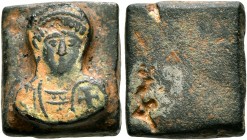 Arcadius, 383-408, or Honorius, 395-423. Exagium Solidi (Bronze, 13X14 mm, 5.13 g). Pearl-diademed, helmeted and cuirassed bust of Arcadius and Honori...