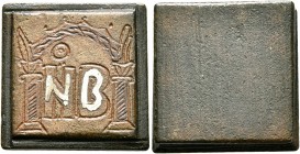 BYZANTINE. 4th-6th centuries. Weight of 2 Nomismata (Bronze, 16x16 mm, 8.73 g), a uniface square coin weight with single-grooved edges. Ṅ B engraved i...