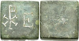 BYZANTINE. 4th-6th centuries. Weight (Orichalcum, 22x22 mm, 39.82 g), a square coin weight with plain edges. Large Chi-Rho and E inlaid in silver. Rev...