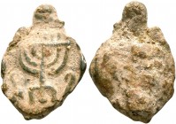 ROMAN. Levante or Egypt. Circa 4th-5th centuries. Seal (Lead, 17 mm, 2.45 g). Seven-branched menorah on base, flanked by lulav over etrog on the left ...