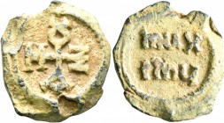 Maximus, 550-650. Seal (Lead, 24 mm, 12.10 g, 12 h). Greek cruciform monogram of MAΞIMOV. Rev. Latin legend maX/ImЧ in two lines. Unpublished in the s...