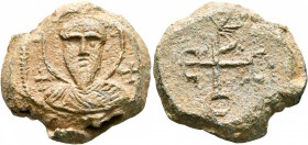 Sergios, circa 6th-7th centuries. Seal (Lead, 23 mm, 13.77 g, 12 h). Nimbate facing bust of a bearded saint; crosses flanking. Rev. Large monogram of ...