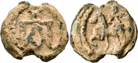 Paulos, 6th century. Seal (Lead, 23 mm, 9.57 g, 12 h). Block monogram of ΠAVΛOV. Rev. Rider on horseback to left. Unpublished in the standard referenc...