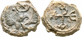 Valerios or Aurelios, 6th-7th centuries. Seal (Lead, 23 mm, 11.50 g, 1 h). Eagle standing facing, wings spread and head turned to right; above, pellet...