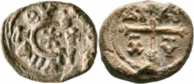 Sisinnios, hypatos and servant of Christ, late 7th-8th century. Seal (Lead, 25 mm, 16.63 g, 9 h). Large monogram of CICINNIOV; along the curve of the ...