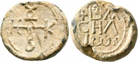Basileios, circa 8th century. Seal (Lead, 21 mm, 10.91 g, 12 h). Large cruciform monogram of ΘЄOTOKЄ BOHΘH ("Mother of God, help"). Rev. +BA/CHΛ/IⲰ+. ...