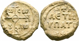 Aetios, hypatos, 8th century. Seal (Lead, 26 mm, 17.72 g, 12 h). Large cruciform monogram of ΘЄOTOKЄ BOHΘH; in quadrants, TⲰ / CⲰ / Δ૪/ΛⲰ ("Mother of ...