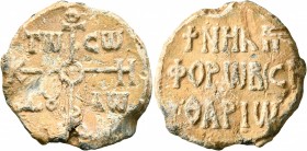 Nikephoros, imperial spatharios, circa 8th century. Seal (Lead, 28 mm, 13.22 g, 12 h). Large cruciform monogram of ΘЄOTOKЄ BOHΘH; in quadrants, TⲰ - C...