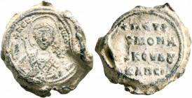Petros, monk and kouboukleisios, 10th century. Seal (Lead, 19 mm, 7.80 g, 11 h). +KЄ R' - TⲰ C Δ ("Lord, help your servant") Nimbate facing bust of St...