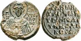 Demetrios, metropolitan bishop of Kyzikos, 10th century. Seal (Lead, 21 mm, 7.14 g, 12 h). AΓ, / ΔH/M'-TPI/Є RO/HΘ, Bust of St. Demetrios, nimbate, we...