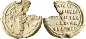 Staurakios Kourtikios, imperial (?) protospatharios and strategos of Hellas, 10th century. Seal (Lead, 26 mm, 10.24 g, 12 h). M/I/X-[AHΛ] St. Michael ...