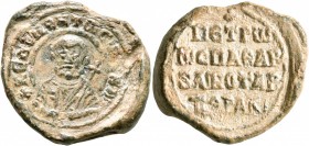 Petros, imperial spatharios and protonotarios of Thrakesion or Thrace, 10th century. Seal (Lead, 26 mm, 12.39 g, 12 h). KЄ ROHΘH TⲰ/CⲰ [Δ]૪Λ' in circu...