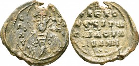 Johannes, 2nd half 10th-1st half 11th century. Seal (Lead, 21 mm, 4.30 g, 11 h). Θ / Π/O/Λ/V-K/P/A/ΠO, Bust of Saint Polykarpos of Smyrna facing, wear...